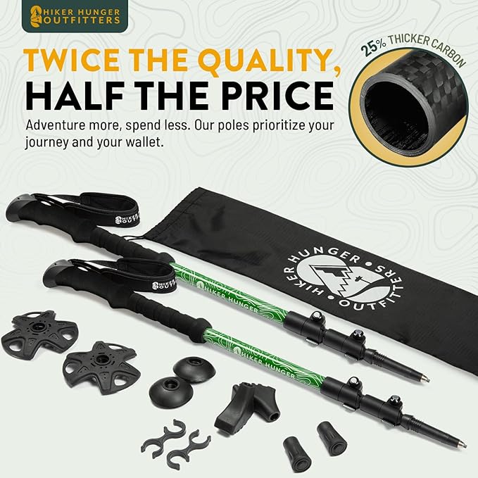 100% Carbon Fiber Trekking Poles by USA Brand - Ultra Strong Lightweight Collapsible Hiking Poles with Cork and EVA Foam Grips & Quick Adjustable Flip Locks-StrideForce Fitness