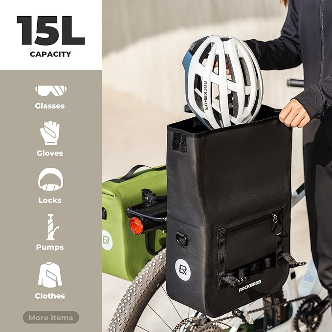 ROCKBROS Bike Panniers 15L Capacity Waterproof Bike Rack Bag Bicycle Panniers for Cycling Commuting Bikepacking Black-StrideForce Fitness