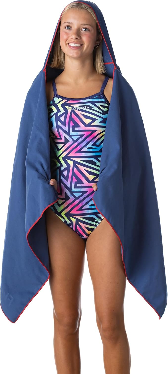 Flow Hydro Sport Towel - Microfiber Quick Dry Swimming Towels for Swim, Pool, Triathlon, and Other Water Sports in Medium, Large, Extra Large, and Hooded Sizes (Navy, Large w/Hood)-StrideForce Fitness
