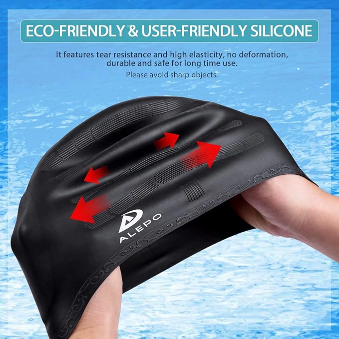 2 Pack Unisex Swim Caps with 3D Ear Protection, Durable Flexible Silicone Swimming Hats for Women Men Kids Adults, Bathing Swimming Caps for Short/Long Hair with Ear Plugs&Nose Clip-StrideForce Fitness
