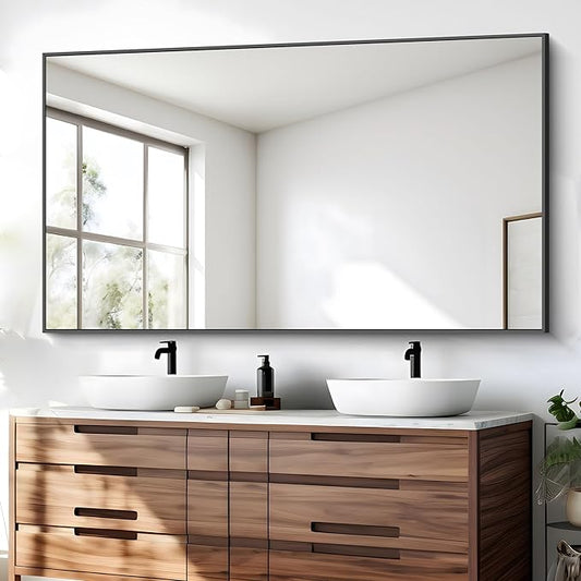 Bathroom Mirror, 30x55 inch Wall Mirror for Bathroom Wall Mounted Black Rectangle Square Corner Mirrors, Black Bathroom Mirror for Living Room, Farmhouse, Bedroom Entryway, Horizontal/Vertical-StrideForce Fitness