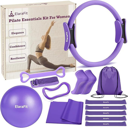 Home Pilates Kit for Women Pilates Equipment Ring and Ball Set Magic Circle Hoop with 5 Resistance Bands Compact Toning Fitness Essentials Starter Set Accessories-StrideForce Fitness