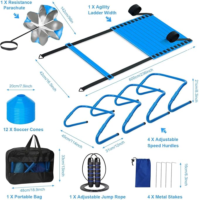 Agility Ladder, Soccer Training Equipment Set, 4 Agility Hurdles, 20ft Speed Ladder, Running Parachute, 12 Football Cones, Jump Rope | Soccer Basketball Athletes Speed Training-StrideForce Fitness