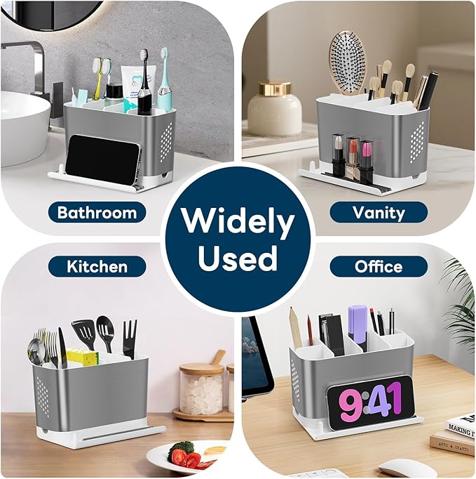 Bathroom Countertop Organizer with Front Ledge for Phone, Detachable Kids Toothbrush Holders with Cord Slots and Ring Holder, 6 Slots Toothbrush Toothpaste Holder with Drainage for Family