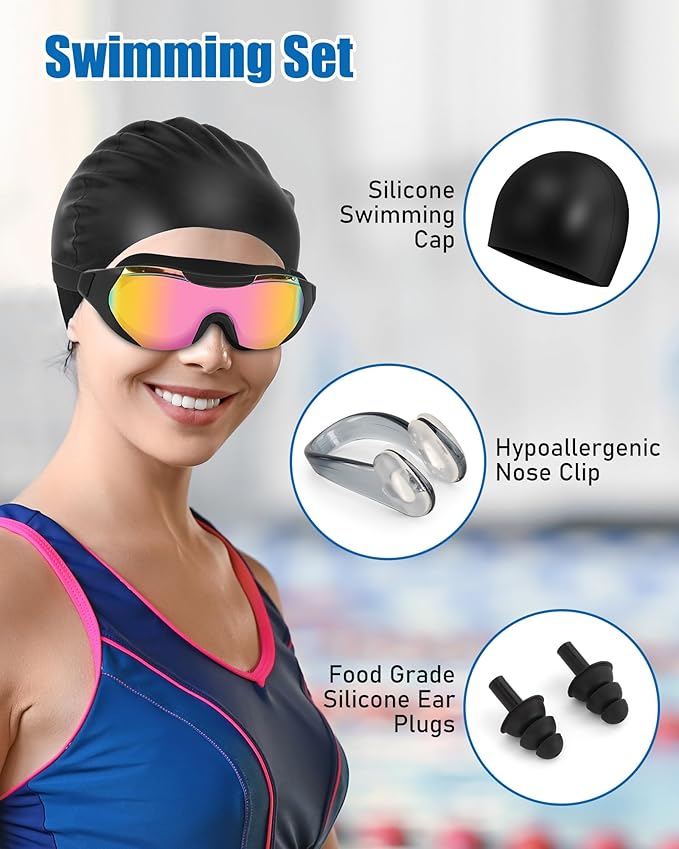 Swim Goggles with Nose Clip, Ear Plugs & Swim Cap, Anti-Fog UV Protection Lens, Leakproof Adjustable Strap for Adult-StrideForce Fitness