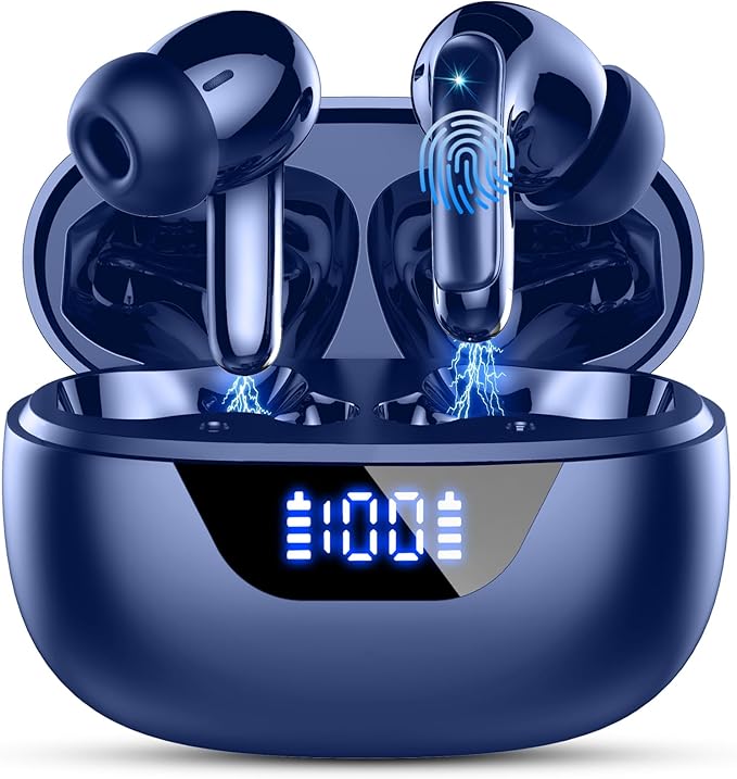 Wireless Earbuds, Bluetooth 5.4 Headphones, ENC Noise Cancelling Mic Ear buds with Stereo Bass, 48H Playtime Earphones , LED Display, IP7 Waterproof In Ear EarBuds for Phone Android iOS Sports, Blue-StrideForce Fitness