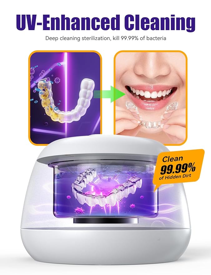 Ultrasonic Retainer Cleaner, EVA BELLE Rechargeable Denture Cleaner Machine, Tooth Cleaner MouthGuard Cleaner, Portable Retainer Cleaner for Night Guards, Braces, Aligner, Toothbrush, Jewelry and More