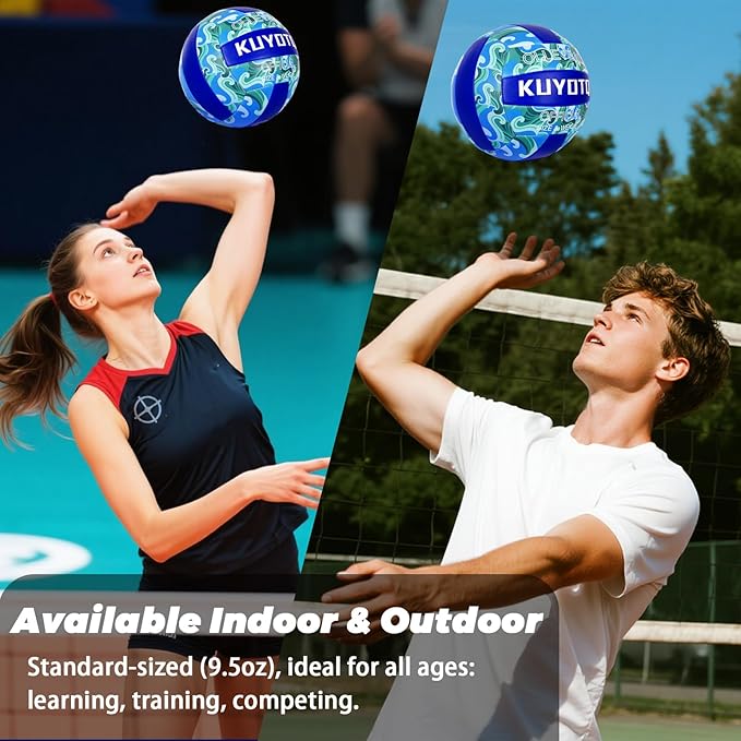 KUYOTQ Official Size 5 in&Outdoor Beach Volleyball,3MM Thickened Surface Soft Leather Youth Womens Mens Volleyball for Game Gym Training(Deflated) (Blue-Wave)-StrideForce Fitness