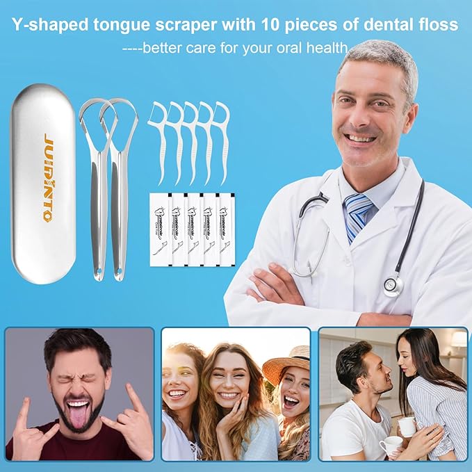 Tongue Scraper Set for Adults – 2 Medical-Grade Stainless Steel Tongue Scrapers with Travel Case + 10 Pack Floss Picks – Tongue Cleaner for Oral Care & Hygiene, Reduce Bad Breath