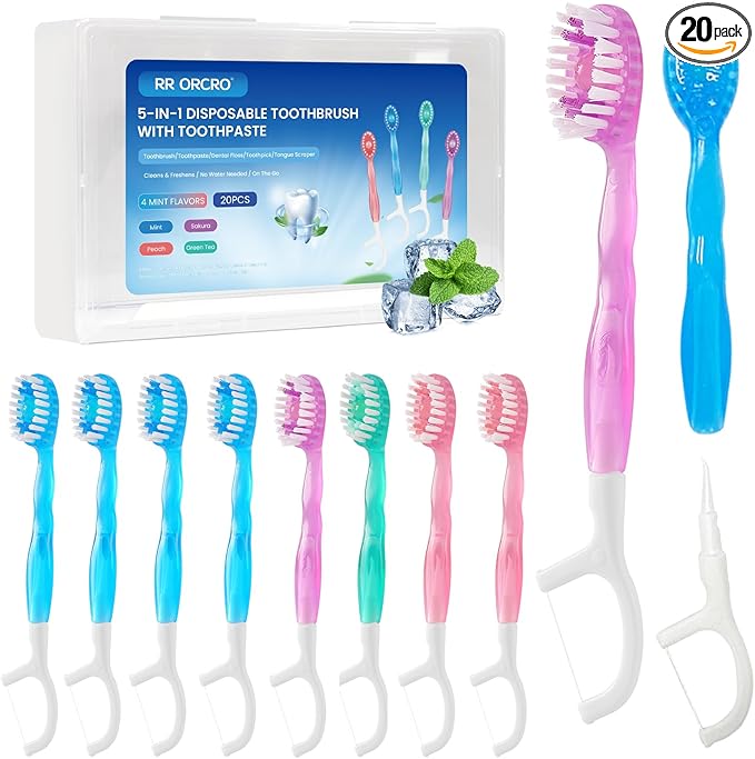 20Pack Mini Disposable Toothbrushes Set 5-in-1 Portable Pre-Pasted Travel Toothbrush with Toothpaste + Tongue Scraper + Floss + Pick Individually Wrapped Small Prepasted Toothbrush for Kids Adults