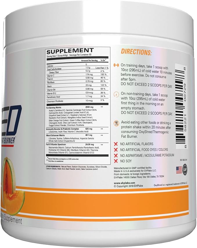 EHP Labs OxyShred Pre Workout Powder & Shredding Supplement - Preworkout Powder with L Glutamine & Acetyl L Carnitine, Energy Boost Drink - Wild Melon, 60 Servings-StrideForce Fitness