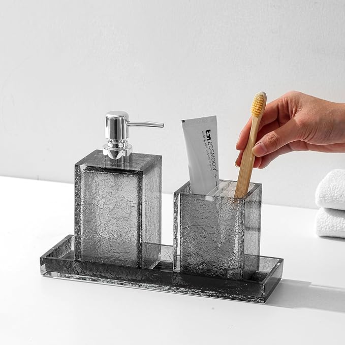 Bathroom Accessories Set, 4Pcs Hand Soap Dispenser and Toothbrush Holder Set, Tumbler Mouthwash Cup, Vanity Tray for Modern Home Decor Bathroom Countertop Organizer (Gray)