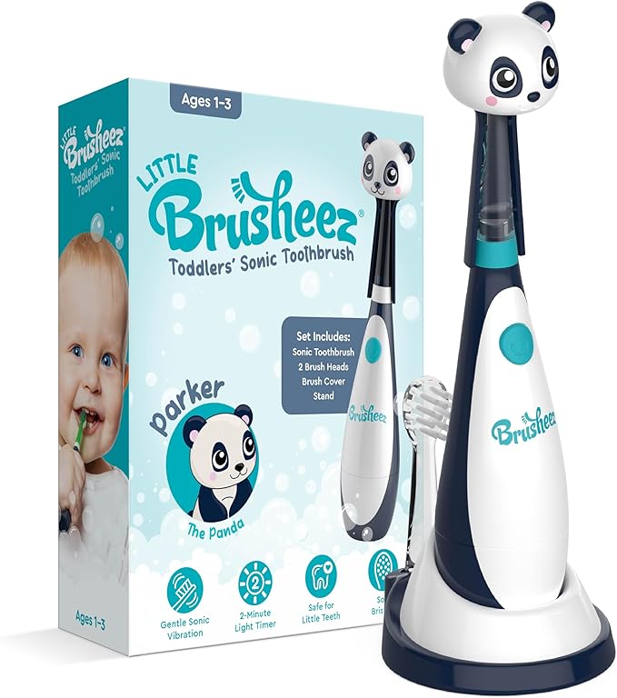 Brusheez Little Toddlers’ Sonic Toothbrush - Safe & Gentle Toothbrush for Ages 1-3 with Built-in, Light-Up 2-Minute Timer, Extra Brush Head, & Storage Base for First-Time Brushers (Parker The Panda)