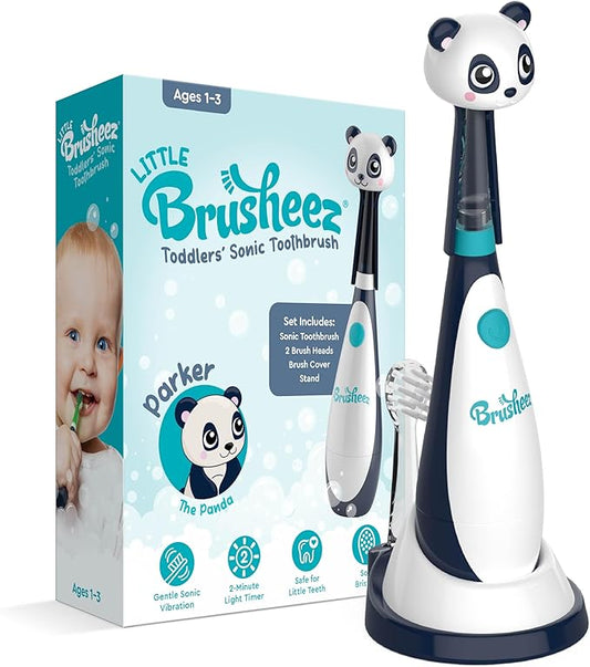 Brusheez Little Toddlers’ Sonic Toothbrush - Safe & Gentle Toothbrush for Ages 1-3 with Built-in, Light-Up 2-Minute Timer, Extra Brush Head, & Storage Base for First-Time Brushers (Parker The Panda)