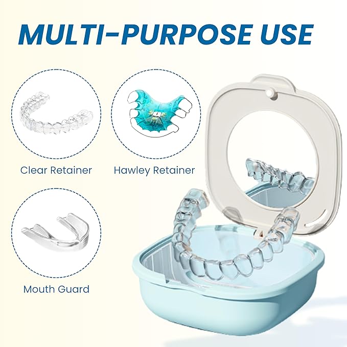 Retainer Case with Mirror and Vent Holes, Cute Slim Aligner Case Compatible with Invisalign, Magnetic Closure Orthodontic Case for Retainers and Mouth Guards (Beige & Blue)