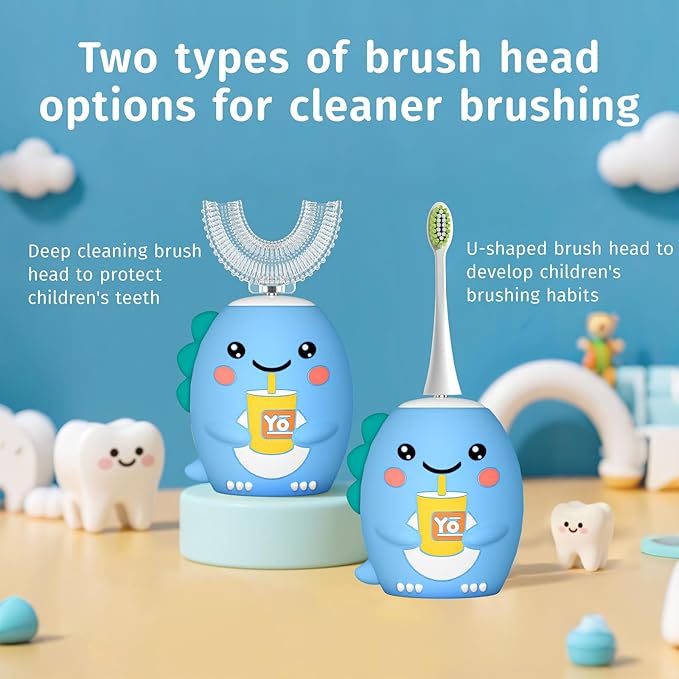 Kids U Shaped Electric Toothbrush，auto Sonic Baby Toothbrush，Cartoon Dinosaur 360-Degree Cleaning IPX7 Waterproof Design（8-15y）