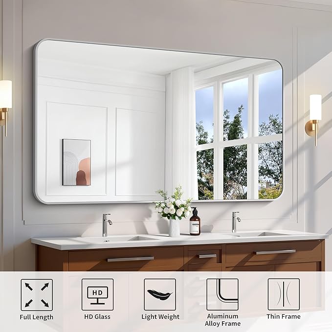 FORBATH 60x36 Inch Silver Bathroom Mirror for Over Sink, Large and Wide Rectangular Wall Mirror with Metal Frame, Rounded Corners for Bathroom, Bedroom, Entryway Decor (Horizontal or Vertical)-StrideForce Fitness
