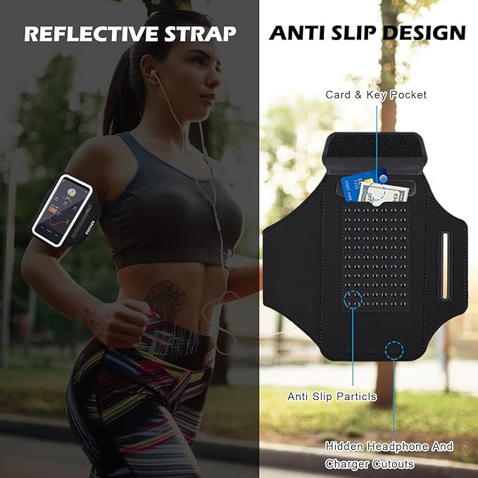 GUZACK Phone Holder for Running with Zipper Pouch, Running Armband for iPhone 16 Pro/15/14/13/12/11 Pro Max/Plus/XR/XS, Galaxy S25/S24/S23/S22, Cell Phone Arm Holder with Key Pocket & Card Slot-StrideForce Fitness