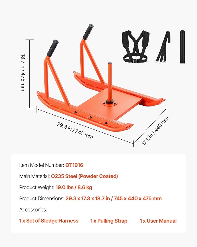 VEVOR Weight Sled, Steel Power Sled, Fitness Strength Training Sleds for Athletic Exercise Speed Improvement, Workout Fitness Equipment with Handle, Compatible with 1/2 in Weight Plates, Orange-StrideForce Fitness