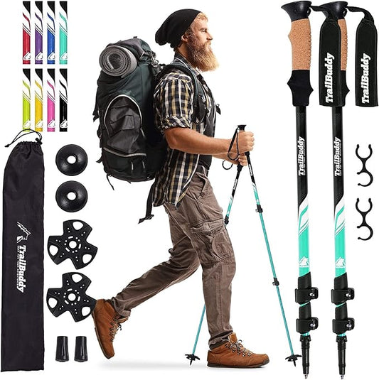 TrailBuddy Trekking Poles - Lightweight, Collapsible Hiking Poles for Snowshoe & Backpacking Gear - Pair of 2 Walking Sticks for Hiking, 7075 Aluminum with Cork Grip-StrideForce Fitness
