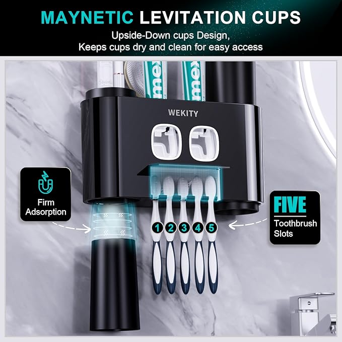 Toothbrush Holder,Multi-Functional Wall Mounted Toothbrush Holder,Toothpaste Dispenser for Bathroom with 2 Toothpaste Squeezers,5 Toothbrush Slots and 4 Cups(Black)