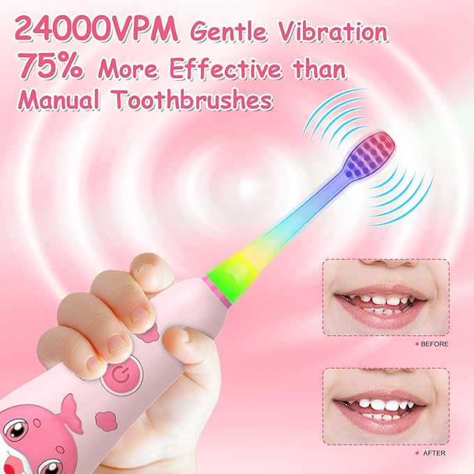 teeteck Electric Toothbrush for Kids - Toddler Electric Toothbrush with Magnetic Charging, Includes 2 Brush Heads, Magnetic USB Charging Cable for Ages 1-6 Boys Girls (Pink)