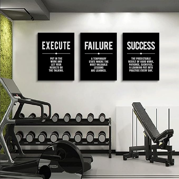 Framed Canvas Wall Art Success Quote For Office, Black Large Positive Motivational Poster, Set of 3, Execute Failure Definition, Inspirational Print (A-3pcs,12x16inchx3pcs)-StrideForce Fitness