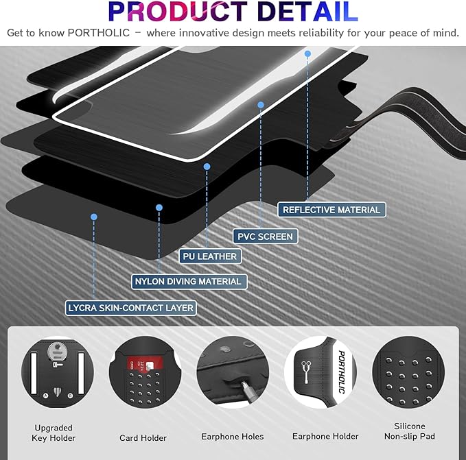 PORTHOLIC 2025 Running Armband Water Resistant Sports Phone Holder Case with Extension Strap, Key Card Slot Up to 6.9" Phone for iPhone 17/16/15/14/13 Plus Air Pro Max XR/XS, Galaxy S25/24/S10-StrideForce Fitness