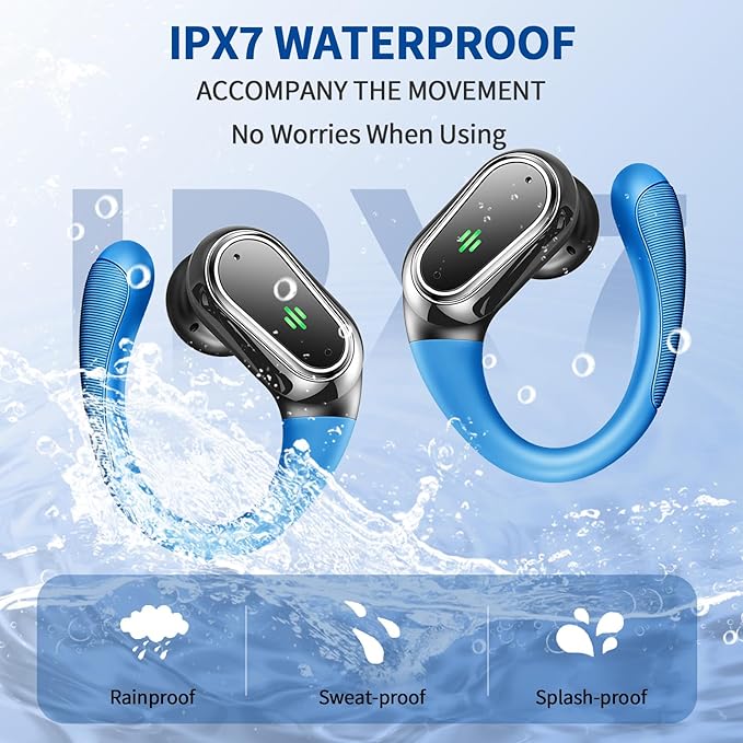 Wireless Earbuds, 2025 Bluetooth 5.4 Headphones Sport, Bluetooth Earbuds with ENC Noise Canceling Mic, 50H Stereo Wireless Headphones IP7 Waterproof with Earhooks, Dual LED Display for Workout/Running-StrideForce Fitness