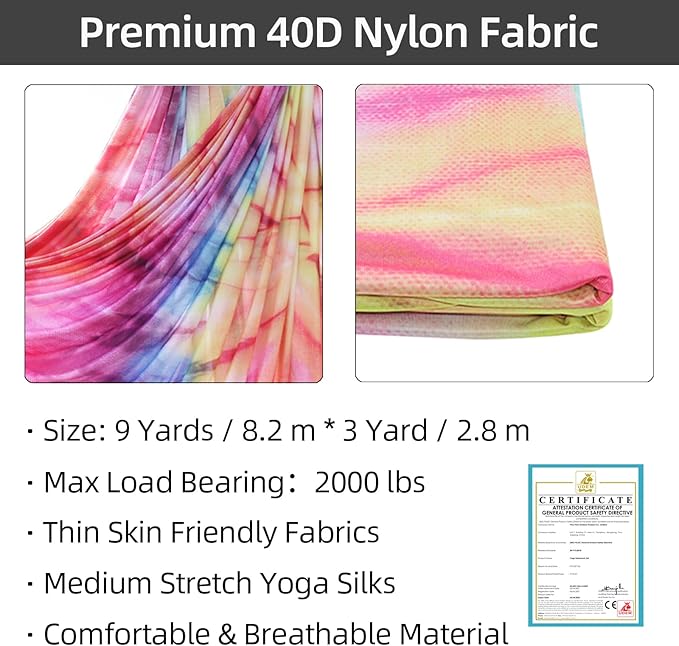 PRIOR FITNESS Aerial Silks Kit Colorful 9/15/20 Yards 40D Nylon Fabric Hammock Set With Hardware & Guide for All Levels Of Aerial Yoga Practice and Acrobatic Flying For Adults Aerial silk-StrideForce Fitness