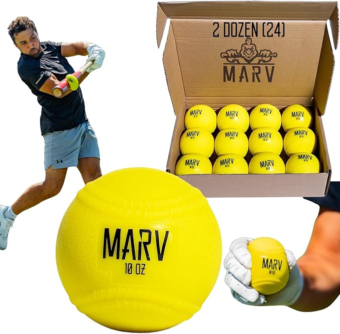 Marv Hitting Balls - 2 Dozen (24 Pack) | 10oz Heavy Training Baseballs for Power, Strength & Barrel Accuracy | Soft Shell & Bat Safe | Limited Flight | Ideal for Baseball and Softball Drills-StrideForce Fitness