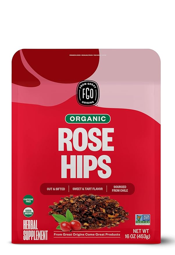 FGO Organic Rosehips Tea, Cut and Sifted, 16 Ounce Resealable Bag, Packaging May Vary (Pack of 1)-StrideForce Fitness