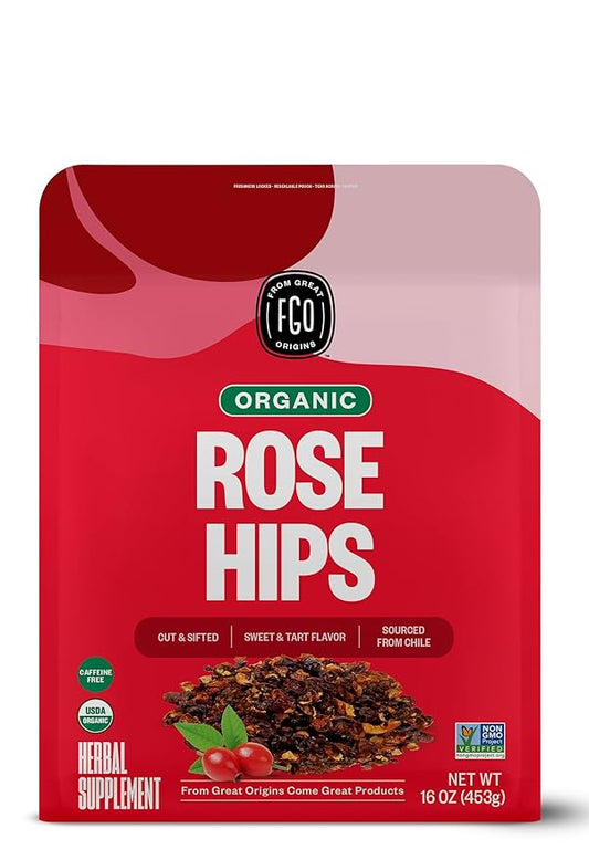 FGO Organic Rosehips Tea, Cut and Sifted, 16 Ounce Resealable Bag, Packaging May Vary (Pack of 1)-StrideForce Fitness