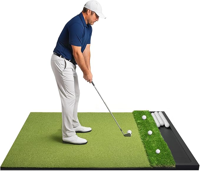 Golf Hitting Mat with Ball Tray 5x4ft - 6x4ft Dual-Turf Practice Mat for Indoor & Outdoor Use Golf Training Mat with Rubber Tee Holes, Suitable for Swing Driving & Chipping-StrideForce Fitness