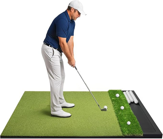 Golf Hitting Mat with Ball Tray 5x4ft - 6x4ft Dual-Turf Practice Mat for Indoor & Outdoor Use Golf Training Mat with Rubber Tee Holes, Suitable for Swing Driving & Chipping-StrideForce Fitness
