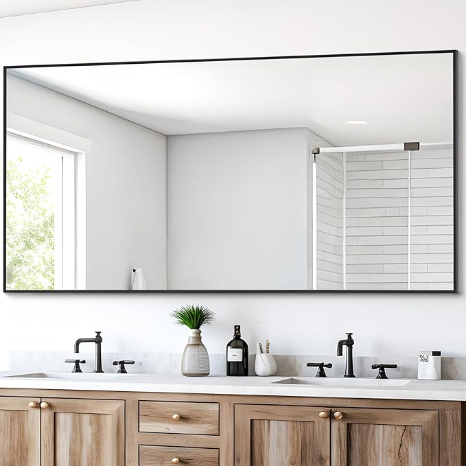 Black Bathroom Mirror for Wall, 30x60 Inch Rectangle Mirrors with Metal Frame, Modern Vanity Wall Mirror Decor for Entryway Hangs, Bathroom Living Room Horizontal or Vertical-StrideForce Fitness