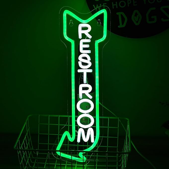 Restroom Neon Sign for Wall Decor Toilet Neon Light Arrow Led Neon Lights White Green Led Neon Signs for Hotel Bar Hospital Mall Store Office Decoration(16.9”*6.3”)-StrideForce Fitness