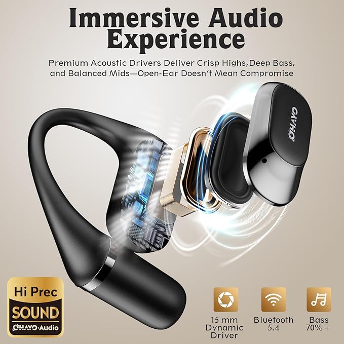 Open Ear Headphones,Over Ear Earbuds with Ergonomic Earhook,Bluetooth Headphones 5.4 with Smart Digital Display,40H Playtime,IPX6 Waterproof,Touch Control Operate Fit Cycling,Running,Workout(Black)-StrideForce Fitness