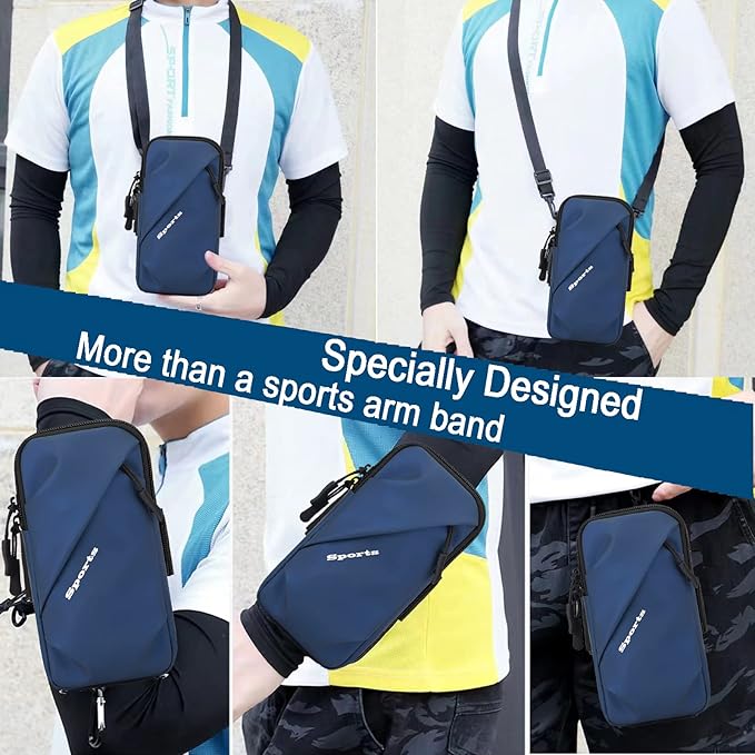 Phone Holder Arm Bands, Small Crossbody Shoulder Holsters Bag with Arm Band, Fits iPhone and All Cell Phones, Use for Running, Walking, Hiking & Biking (Plus Size,Blue)-StrideForce Fitness