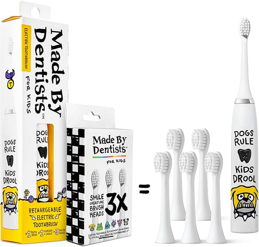 Made by Dentists Kids Electric Toothbrush - Rechargeable Vibrating Toothbrush with Timer Includes 6 Replacement Heads, Gently Cleans Teeth, Girls & Boys, Kids & Toddlers Age 2+ (Bulldog)
