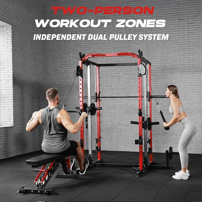 Smith Machine Home Gym, Multi-Function Power Cage with Dual Pulley Cable Crossover System, All-in-One Squat Rack with Smith Bar and Strength Training Attachments for Full-Body Workouts-StrideForce Fitness