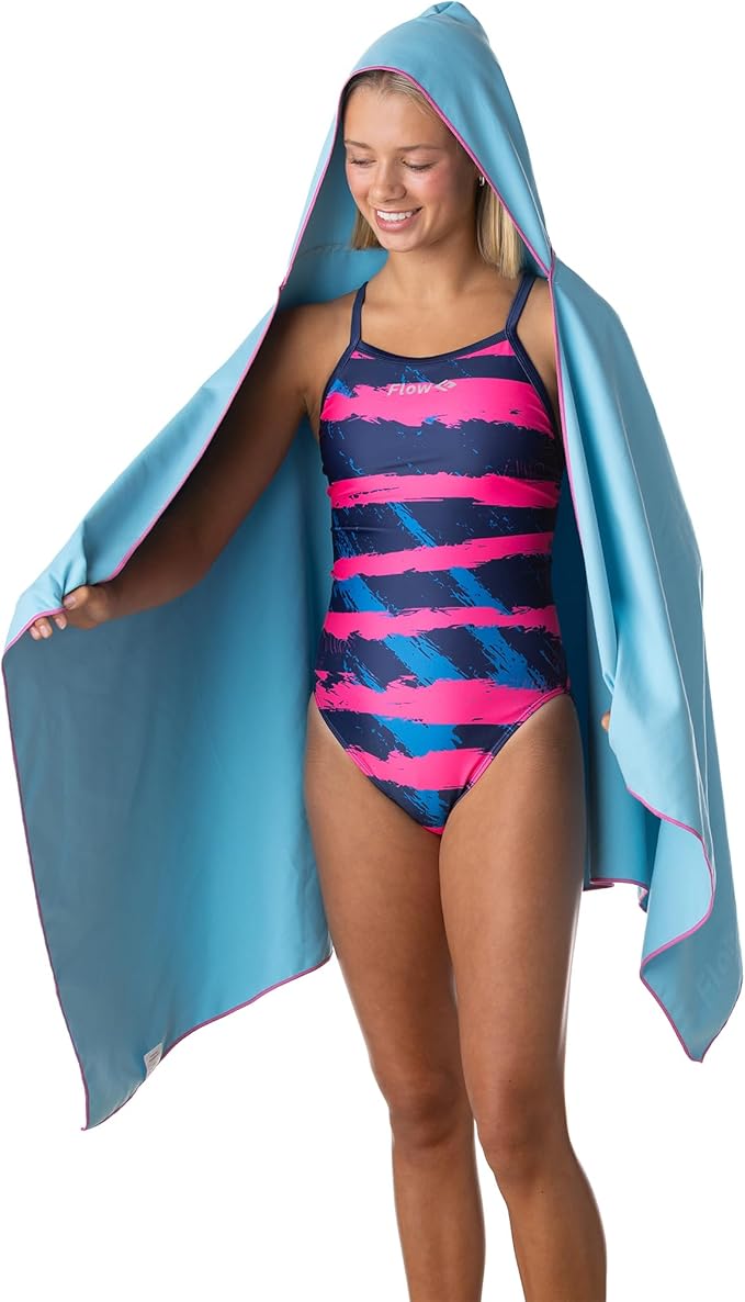 Flow Hydro Sport Towel - Microfiber Quick Dry Swimming Towels for Swim, Pool, Triathlon, and Other Water Sports in Medium, Large, Extra Large, and Hooded Sizes (Aqua, Large w/Hood)-StrideForce Fitness