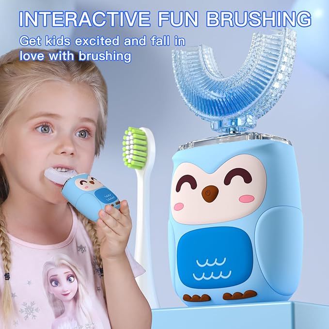 Kids Electric U Shaped Toothbrush Kids Sonic Toothbrush with 4 Soft Brush Head Automatic Full Mouth 6 Cleaning Mode-(Age2-7 Blue)