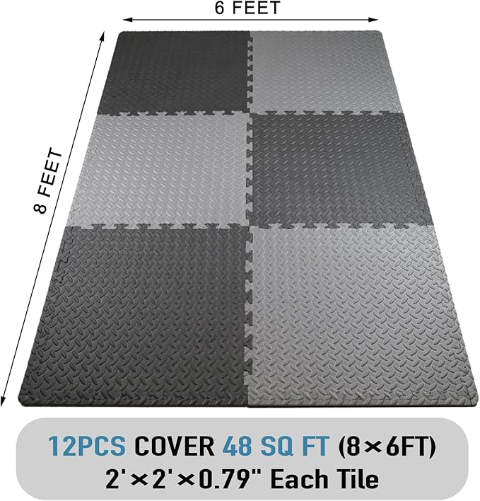 AIRHOP Upgraded 0.79" Extra Thick 48 Sq Ft High-Density Eva Foam Exercise Gym Mats, 12 Pcs Large Interlocking Puzzle Floor Tiles (24"x24") for Home Gym, Black&Gray-StrideForce Fitness