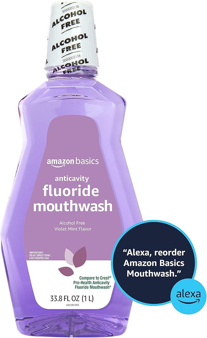 Amazon Basics Anticavity Fluoride Mouthwash, Alcohol Free, Violet Mint, 1 Liter, 33.8 Fluid Ounces, 1-Pack (Previously Solimo)