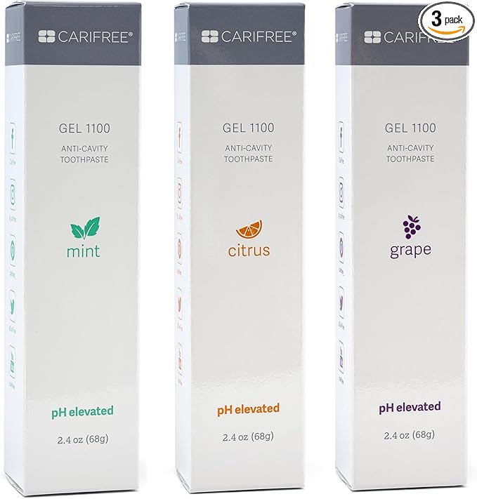 CariFree Gel 1100, Variety Pack with 3 Flavors (Mint, Citrus, Grape), Anti-Cavity Fluoride Toothpaste, Nano Hydroxyapatite for pH Neutralization, Freshens Breath & Moistens Mouth, Dentist Recommended