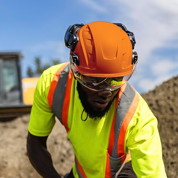 GE Safety Helmet, Impact Absorbing Tech, Adjustable Ratchet, ANSI Type 1, Memory Foam Padding, Hard Hats Protection, Lightweight, Durable, Chin Strap, Comfortable Fit OSHA Approved-StrideForce Fitness