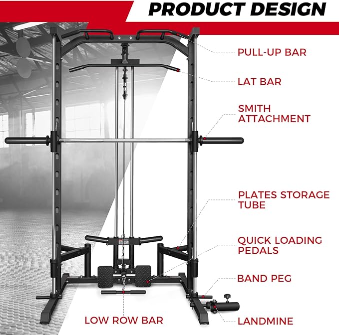 RitFit Smith Machine Power Rack with LAT-Pull Down System, Landmine, Barbell Bar, Plate Storage Pegs and More Training Attachment-StrideForce Fitness