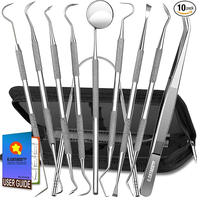 G.CATACC 10 Pack Dental Tools, Professional Plaque Remover for Teeth Cleaning Tools Set, Stainless Steel Hygiene Kit with Dental Pick Tooth Scraper Plaque Tartar Remover Tongue Cleaner - with Case