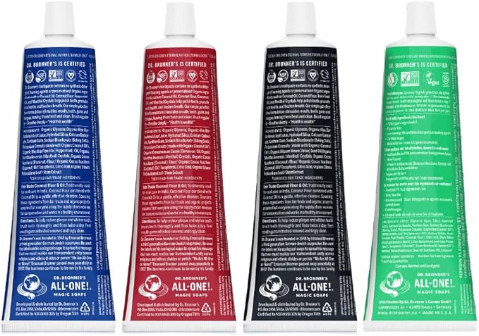 Dr. Bronner's All-One Toothpaste 4-Pack Variety– (Peppermint, Spearmint, Cinnamon, Anise, 5oz Each)– 70% Organic Ingridients, SLS Free Toothpaste, Fluoride Free, Natural, Vegan, for Sensitive Teeth